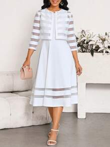 SHEIN Lady Conjunto de dos piezas de ropa casual de negocios para mujer: Cardigan corto elegante de encaje blanco y vestido entallado para mujer - Blanco - Ver 1