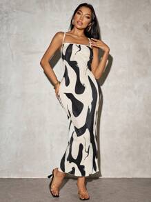 SHEIN SXY Vestido largo plisado elegante de mujer con estampado blanco y negro - Multicolor - Ver 6