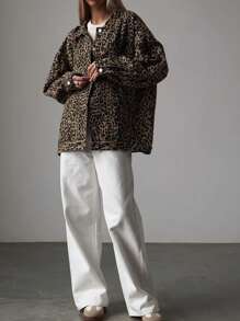 INAWLY Plus Size Women's Button Leopard Print Long Sleeve Jacket - Coffee Brown - View 3