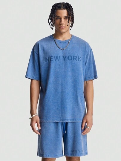 Manfinity VCAY Men's Letter Print Short Sleeve T-Shirt And Drawstring Shorts Casual 2pcs Set