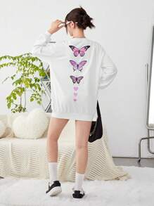 SHEIN Teen Girls' Knitted Sweatshirt With Butterfly And Heart Print On Back - White - View 6