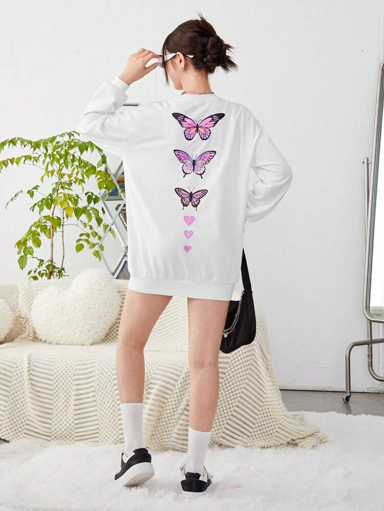 Teen Girls' Knitted Sweatshirt With Butterfly And Heart Print On Back