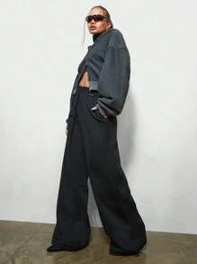 SUMWON WOMEN Wide Leg Sweatpants With Drawcord & Pintucks Detail - Black - View 4