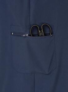 SHEIN TaskFit Plus Size Women's Solid Color V-Neck Top & Pants Uniform Scrub Set - Navy Blue - View 10