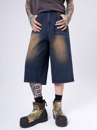 Manfinity Denimwave Men's Y2K Vintage Street Style Tie-Dye Loose Denim Shorts JORTS