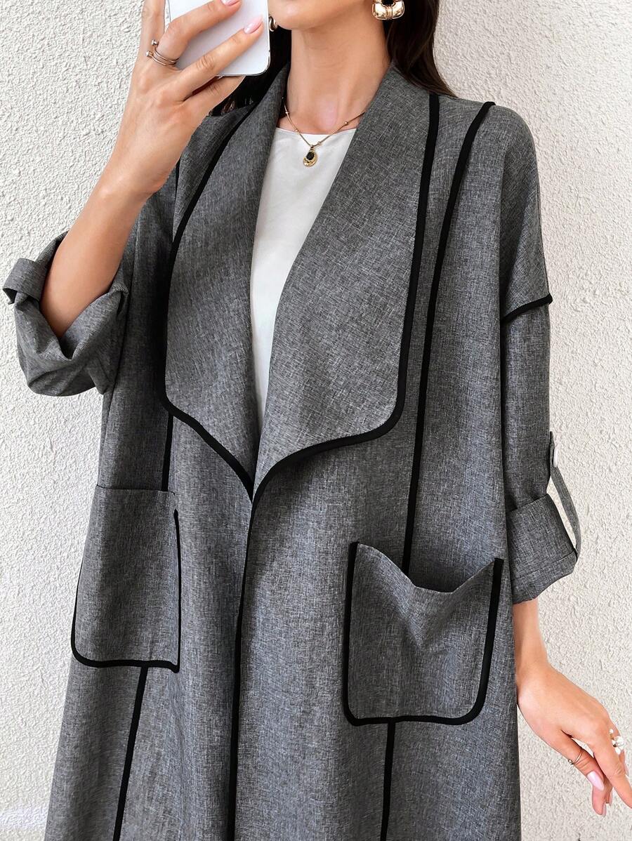 Al Najma 女士长袖朴素阿拉伯长袍，大领子，撞色饰边和口袋