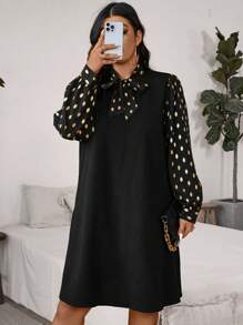 SHEIN Clasi Vestido casual de manga larga con estampado de lunares y decoración de moño para mujeres de talla grande