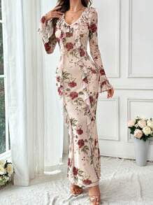 Firerie Women's Romantic Floral Printed Long Sleeve Dress, With Ruffle Hem,Long Flared Sleeve Dress,Fishtail Hem Long Dress,Fall Dresses,Homecoming Dresses,Boho Dress,Elegant Dress For Daily, Commuting, Holiday, Party, Dating