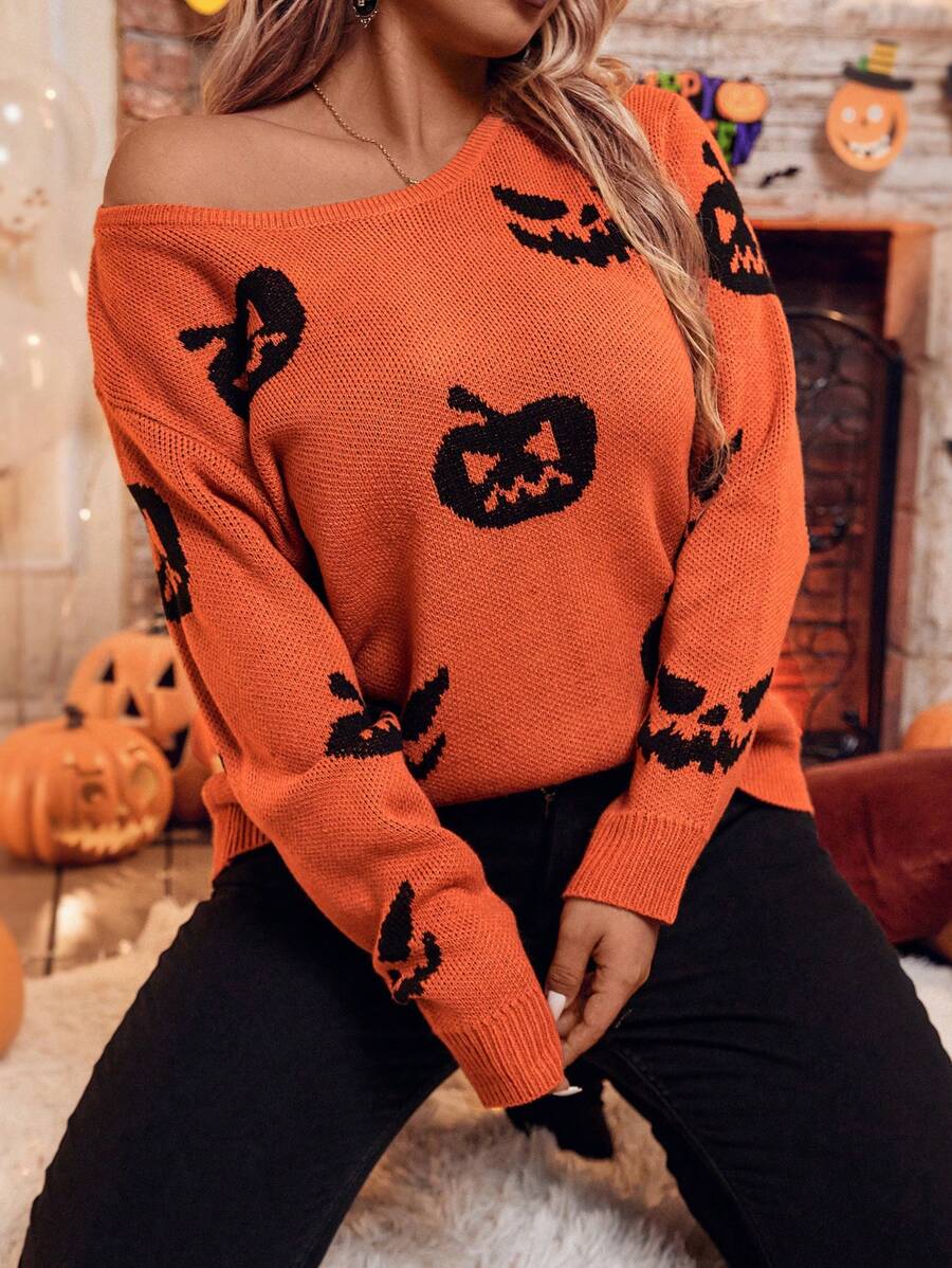 SHEIN LUNE Áo len chui đầu cổ tròn cỡ lớn in hình Halloween - trái cam - Xem 1