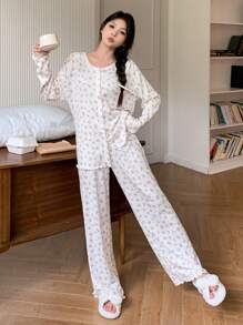 DAZY 女士时尚白色蕾丝边夏季睡衣套装 白色套装，秋冬服装 - 白色 - 查看 4