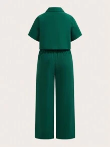 SHEIN Conjunto de camisa de manga corta holgada y casual de unicolor y pantalones anchos para niñas preadolescentes con bolsillos de parche
