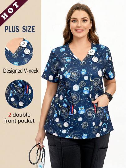 TaskEZ Plus Size Women's Summer Khaki Brown Nurse Uniform Jogging Suit Nurse Beautician Work Uniform Scrub Women's Scrub Niahinn Scrub Women's Nurse Scrub Uniform Work Short Sleeve V Neck 2 Pocket Design All Over Print Blue Starry Pattern Nurse Uniform Beautician Business Casual Plus Top