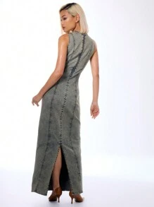 MUSERA Crew Neck Fitted Denim Washed Maxi Dress, Spring 90's Y2k Streetwear Summer Glaciers Ibiza Concert Holiday Going Out Night Out Streetwear Winter Everyday Party  Chic - Multicolor - View 2