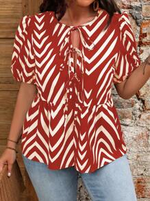 Flirla Áo sơ mi tay phồng in hình xương cá Plus Size Holiday Colorblock - Đỏ - Xem 5