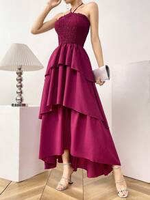 Modelyn Women's Solid Color Halter Backless Layered Sleeveless Dress - Red Violet - View 5