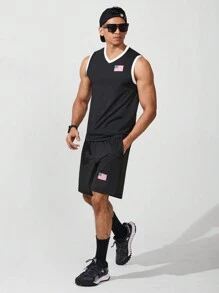 Manfinity Fitness Bộ đồ thể thao nam kiểu Boyfriend Style gồm áo ba lỗ cổ chữ V và quần short in hình cờ Mỹ, bộ đồ thể thao mùa hè, áo bóng rổ nam, bộ đồ tập gym, bộ đồ tập luyện. - màu đen - Xem 6