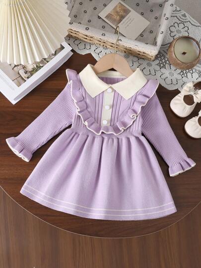SHEIN Elladie kids Baby Girls' Collar Ruffle Casual Daily Knit Sweater Dress