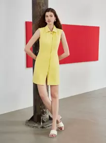 MOTF STUDIO SOLID SLANT POCKET SLEEVELESS SHORT DRESS - Yellow - View 9