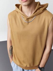 Manfinity Hypemode Men's Casual Solid Color Sleeveless Hooded Sweatshirt, Summer - Khaki - View 6
