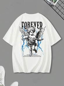 Fenqiro Camiseta de manga corta casual con estampado de lema de ángel para hombre de talla grande, verano - Blanco - Ver 2