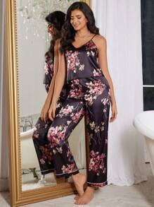 花卉印花仿丝吊带上衣和裤子睡衣套装