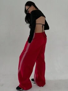 DAZY Camiseta de mujer de unicolor con espalda descubierta y lazo, top halter, volantes, ropa de otoño con mangas largas