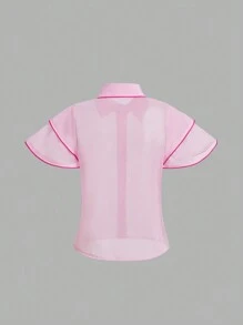 SHEIN 3pcs/Set Tween Girls' Sheer Color Block Short Sleeve Shirt + Knit Camisole + Digital Print Wide Leg Pants - Multicolor - View 5