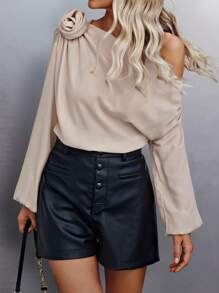 SHEIN Clasi Women's Spring & Summer Solid Color 3D Floral Decor Asymmetric Collar Long Sleeve Shirt - Apricot - View 4