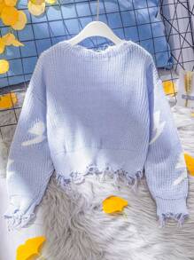 Suéter informal suelto de punto suave con estampado de rayo y dobladillo deshilachado de para niña preadolescente, azul