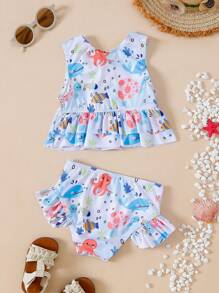 Cô Gái Trẻ Hoạt Hình Bạch Tuộc In Ruffle Hem Bikini Set Bãi Biển Mùa Hè - Nhiều màu - Xem 2