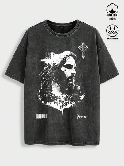 Manfinity ZONE917 Men Oversize Street-Style Vintage svart kortärmad T-shirt med kreativt Jesus-porträttmönster och distressed Snowflake-tryck, lämplig för sommaren, för rappare, för att gå ut