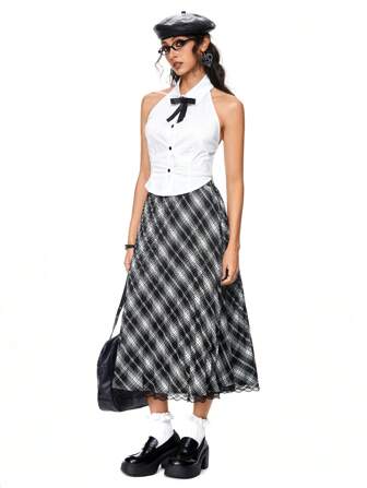 Goth Blusa ceñida con cuello de lazo sin mangas de estilo universitario para mujeres