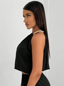 SHEIN SXY Débardeur d'été orné de perles artificielles pour femmes - Noir - Voir 3