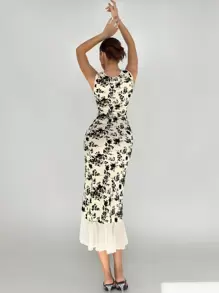 Aloruh Women's Sleeveless Flocked Florals Asymmetrical Ruffled Trim Long Dress With Elasticity