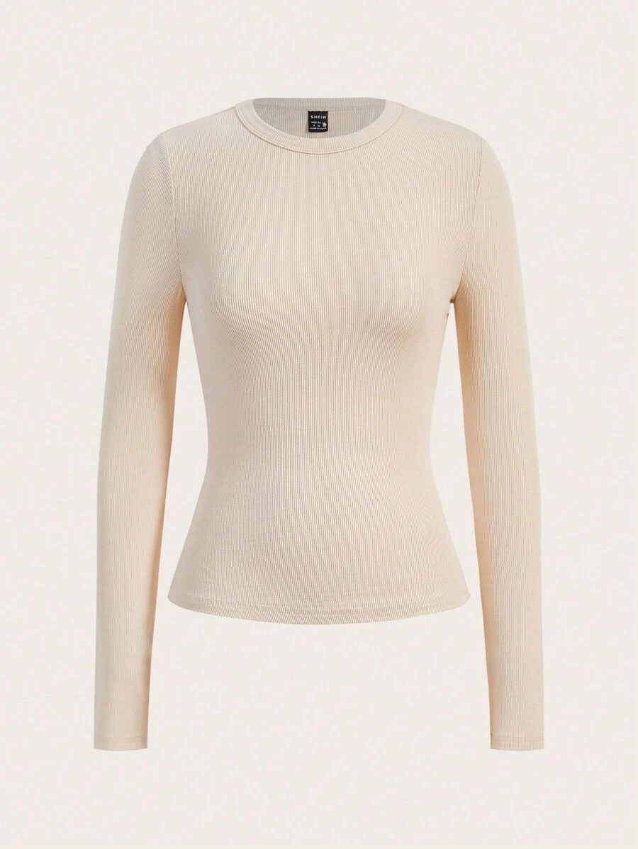 SHEIN BASICS Camiseta De Cuello Redondo De Manga Larga - Beis - Ver 1