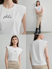 MOTF STUDIO EMBROIDERY LETTER PATTERN SHOULDER PADDED TEE - White - View 11