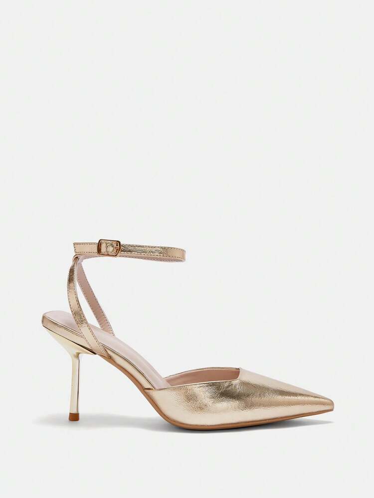 CUCCOO BIZCHIC Fashion Gold Color Ankle Strap Pointed Toe High Heels For Women, Commuter, Date, Party, Wedding, Vacation Spring Shoes Spring Break Easter For Christmas Spring Shoes