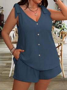 Breezaya Plus Size Women's Casual Solid Color Tank Top And Shorts 2pcs Set - Navy Blue - View 6
