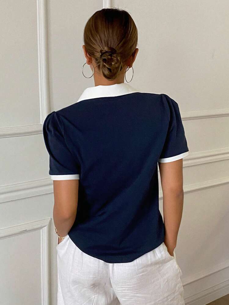 Contrast Color Polo Collar Letter Embroidered Fitted Short Sleeve T-Shirt Summer Preppy Tops