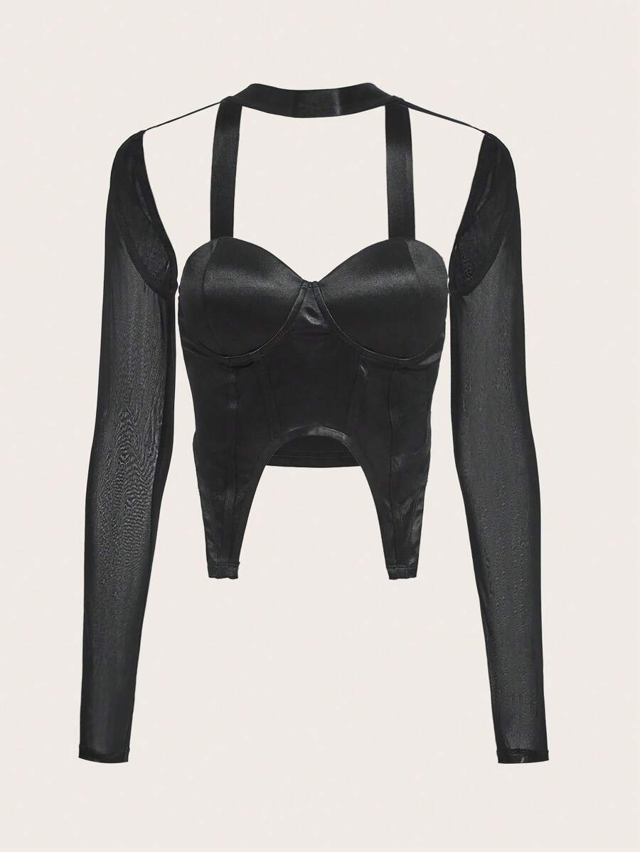 SHEIN X KeniaOs SHEIN ICON Solid Mesh Sleeve Asymmetrical Hem Bustier Top - Black - View 1
