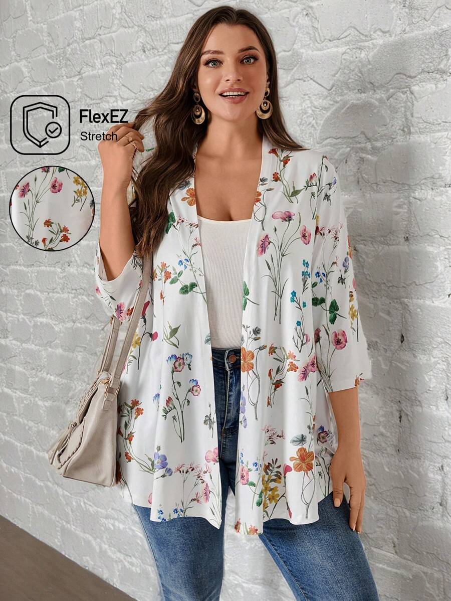 EMERY ROSE Chaqueta abierta de estampado floral en talla plus para uso diario - Multicolor - Ver 1