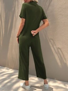 SHEIN LUNE Women's Solid Color Short Sleeve Loose Casual Jumpsuit With Front Button Design, Summer - Dark Green - View 2