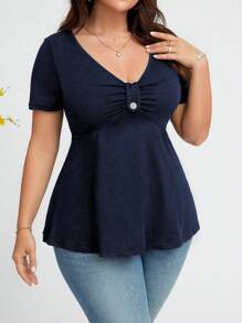DreamSkyne Plus Size Women's Solid V-Neck Short Sleeve Ruffle Casual T-Shirt, Summer - Navy Blue - View 3