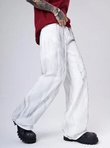 Manfinity Hypemode Y2K Vintage Streetwear 男士米色水洗破洞宽松牛仔裤 - 米色 - 查看 5
