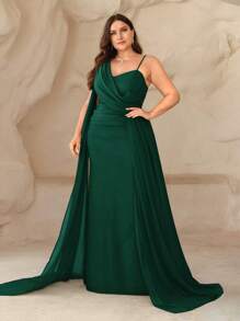 SHEIN Belle Plus Size Chiffon Asymmetric Draped Formal Dress For Bridesmaid, In Persimmon Orange - Dark Green - View 6