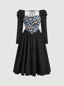SHEIN MOD Plus Size Butterfly Print Tie Back Gigot Sleeve Dress - Black - View 1