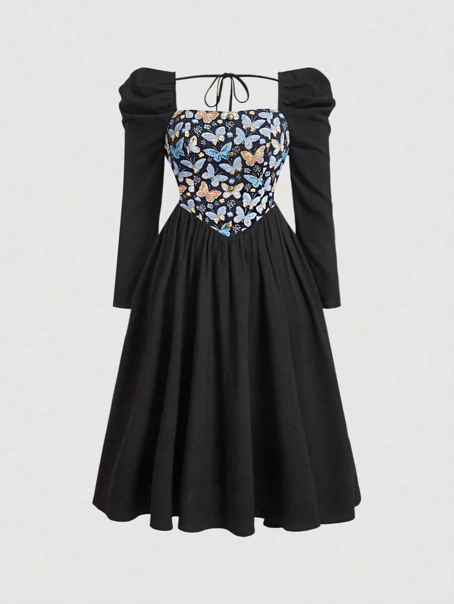 SHEIN MOD Plus Size Butterfly Print Tie Back Gigot Sleeve Dress - Black - View 1