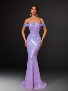 SHEIN Belle Elegant And Gorgeous Purple V-Neck Off-Shoulder Mermaid Formal Dress For Prom Or Other Special Occasions - Purple - View 2