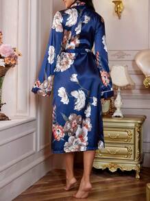 LuxeNights Bata de dormir con estampado floral con cinturón de satén - Multicolor - Ver 2