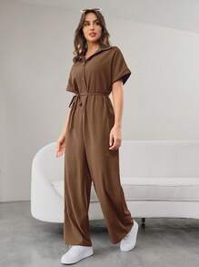 Mulvari Women Summer Drop Shoulder Solid Color Blouse And Wide Leg Jumpsuit - Coffee Brown - View 7